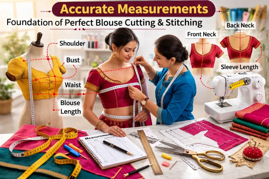 A woman tailor taking blouse measurements for cutting and stitching