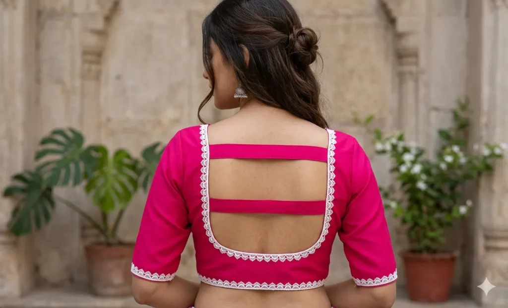 Rani pink blouse design with white lace and back straps