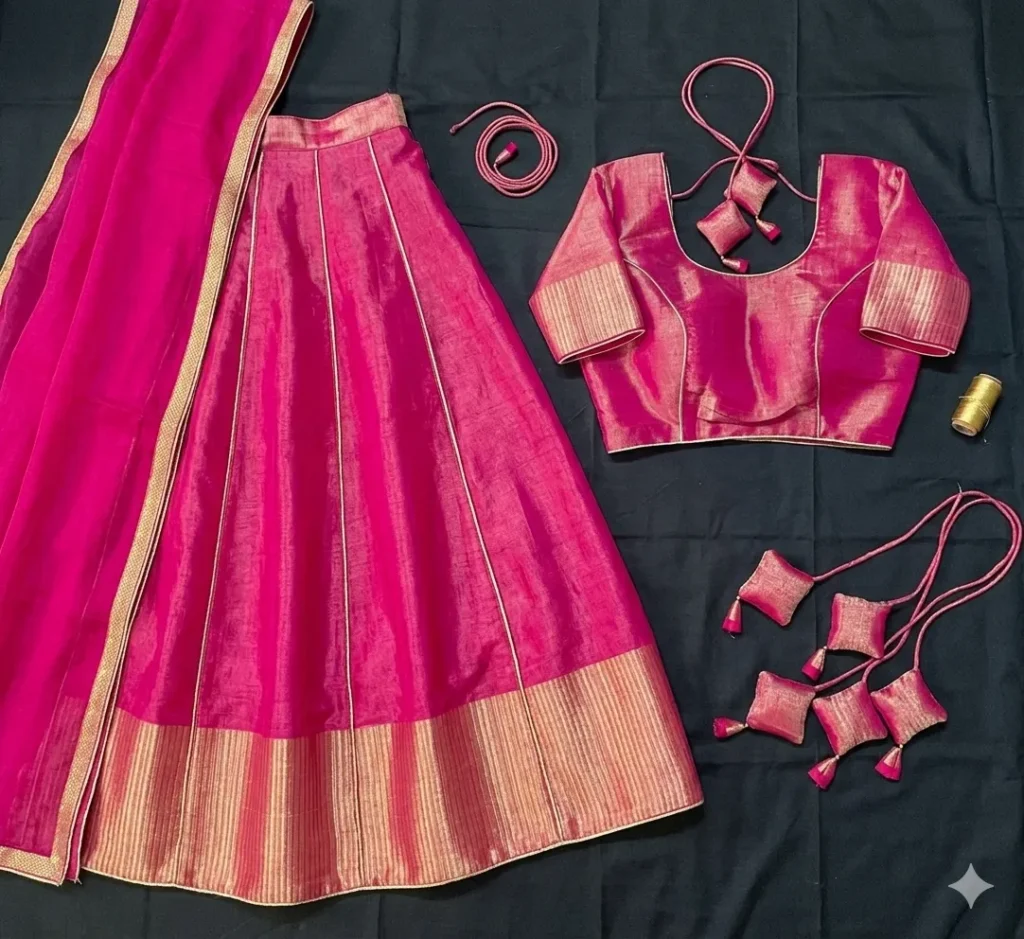 Pink Silk Blouse Design 2026 with Deep Back Neck and Dori Tassels