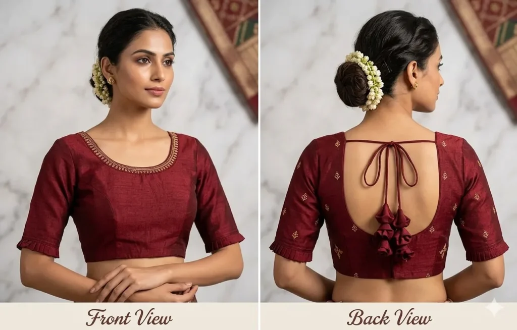 red bridal silk blouse back design with deep neck and dori tassels