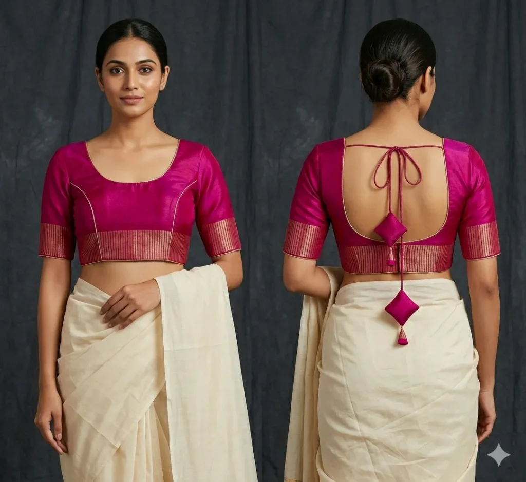 Bridal Pink Blouse Design with Dori Tassels and Golden Border